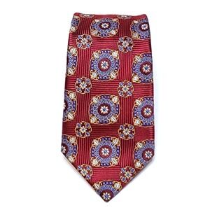 Jos A Bank Reserve Mens 100% Silk Floral Medallion Necktie Red Blue 3" x 60.5"